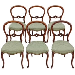 Antique Set of Six Victorian Walnut Balloon Back Dining Chairs