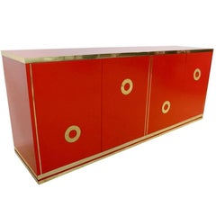 Italian 1970s Chinese Red Lacquered and Brass Asian Style Sideboard / Credenza