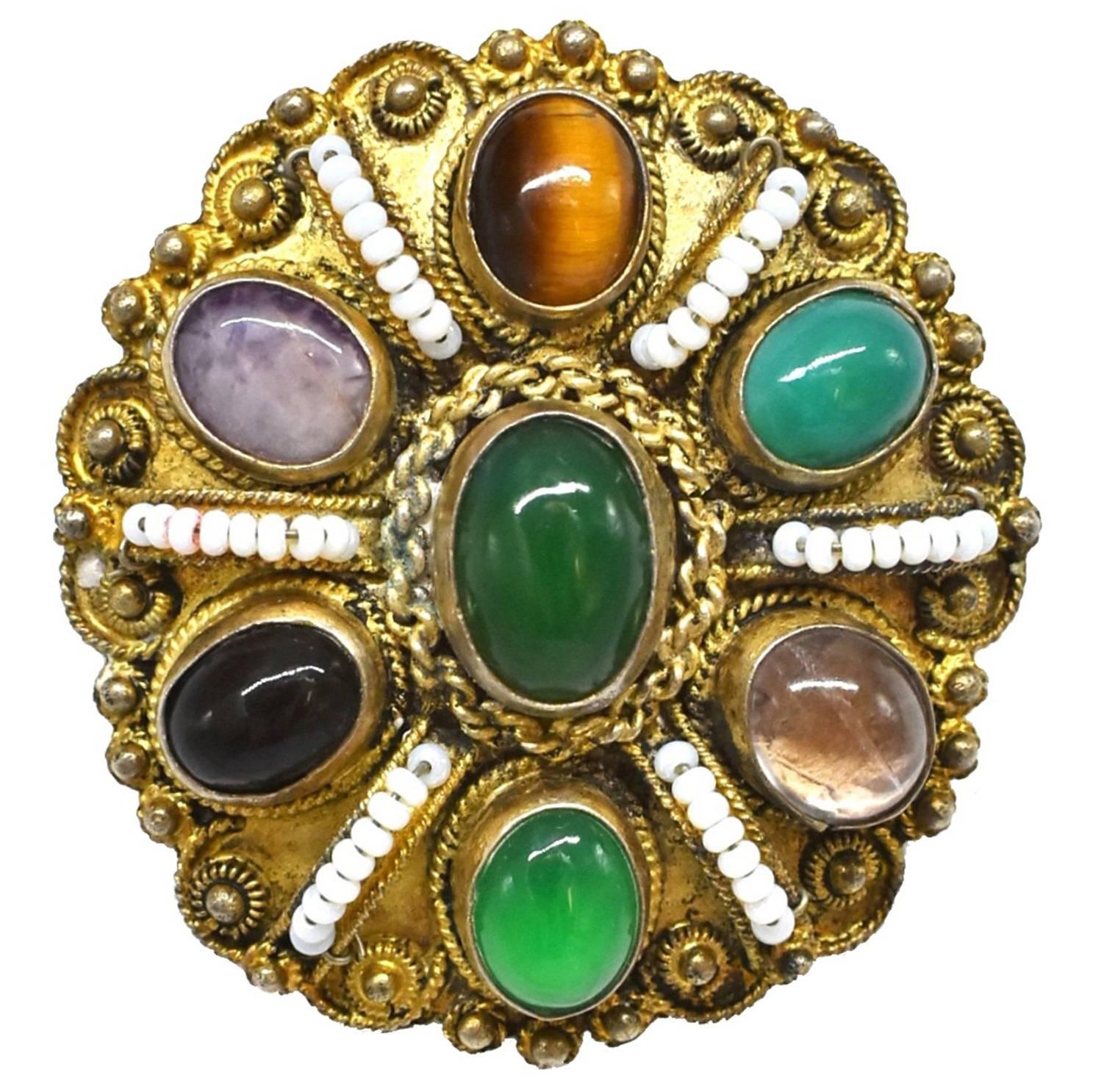 Jade Pendant, Gemstone Sterling Brooch, Vintage