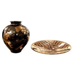 Gary McCloy Vase and Charger with Metallic Glazes, 1980s