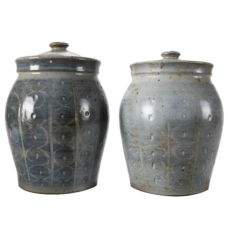 Pair of Mid-Century Modern Hand-Thrown Studio Pottery Covered Jars, Signed