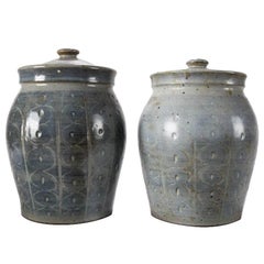 Pair of Mid-Century Modern Hand-Thrown Studio Pottery Covered Jars, Signed