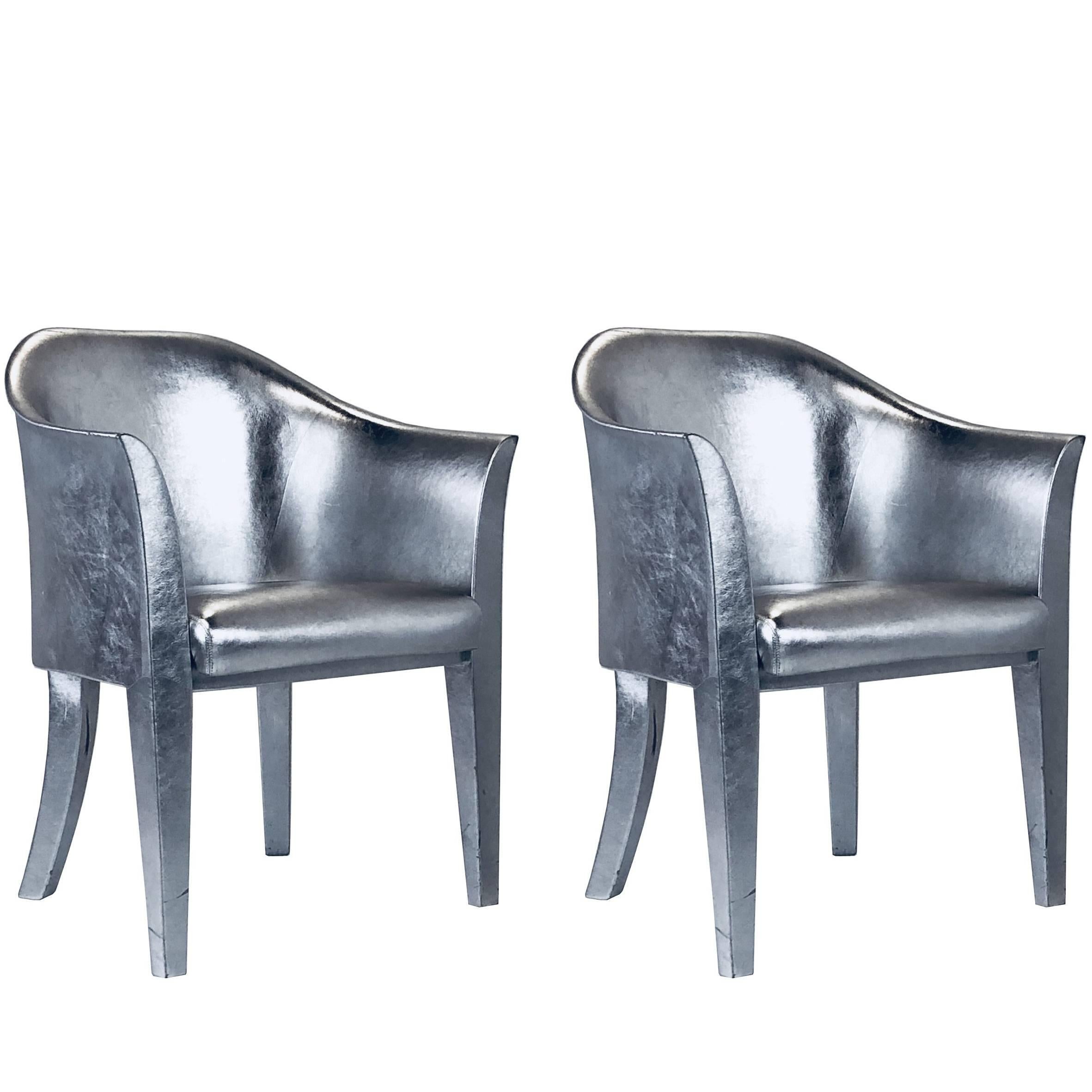 Pair of Metallic Silver Leather Armchairs Signed Karl Springer