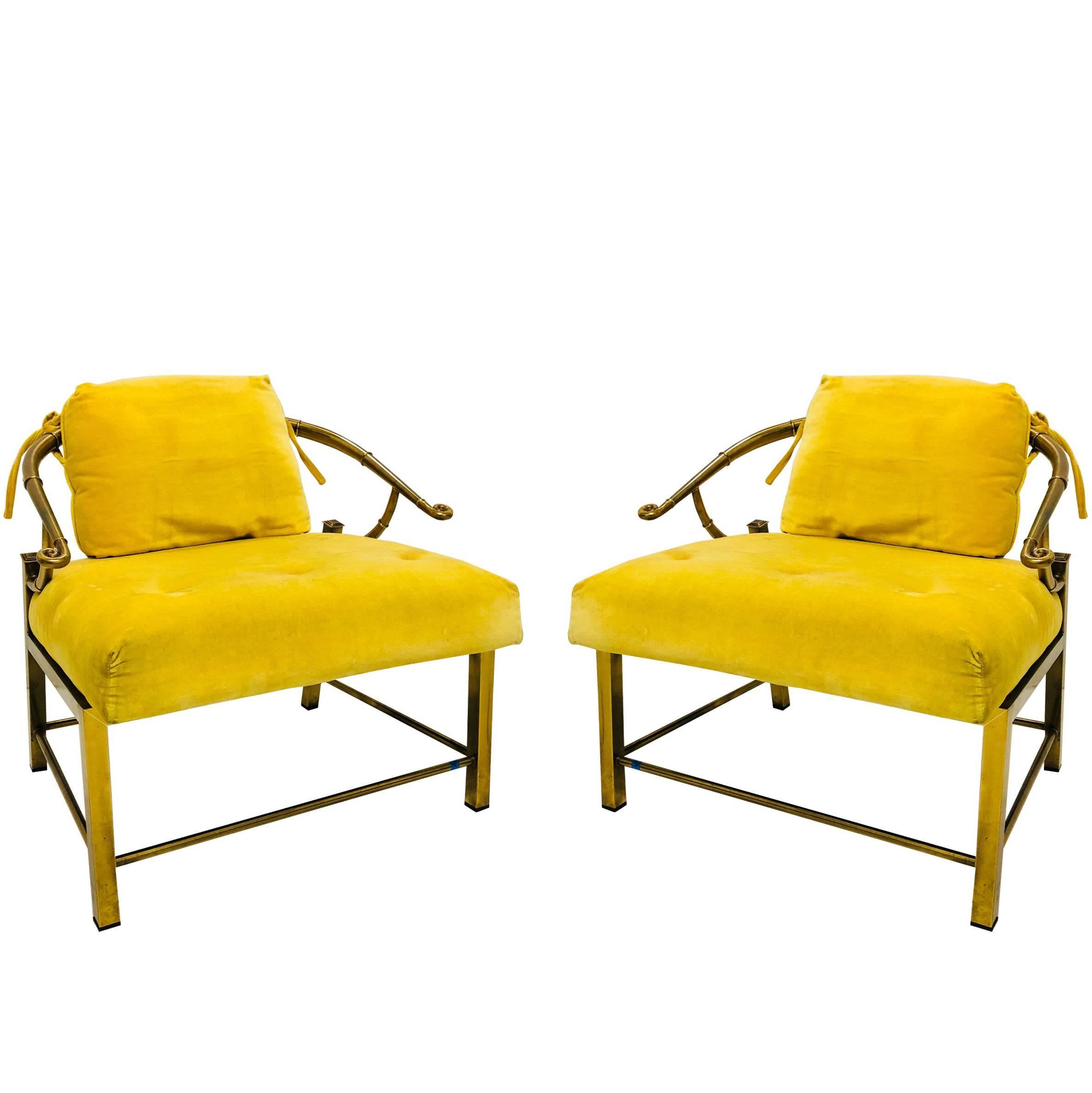 Pair of Brass Ming Lounge Chairs with Yellow Velvet For Sale