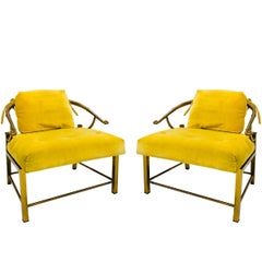Pair of Brass Ming Lounge Chairs with Yellow Velvet