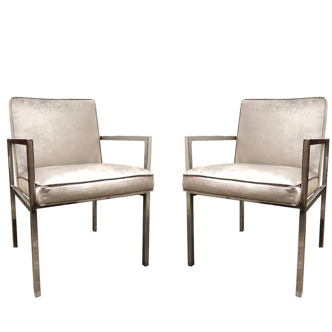 Pair of Chrome Armchairs with Silver Velvet in the Style of Milo Baughman