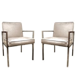 Pair of Chrome Armchairs with Silver Velvet in the Style of Milo Baughman