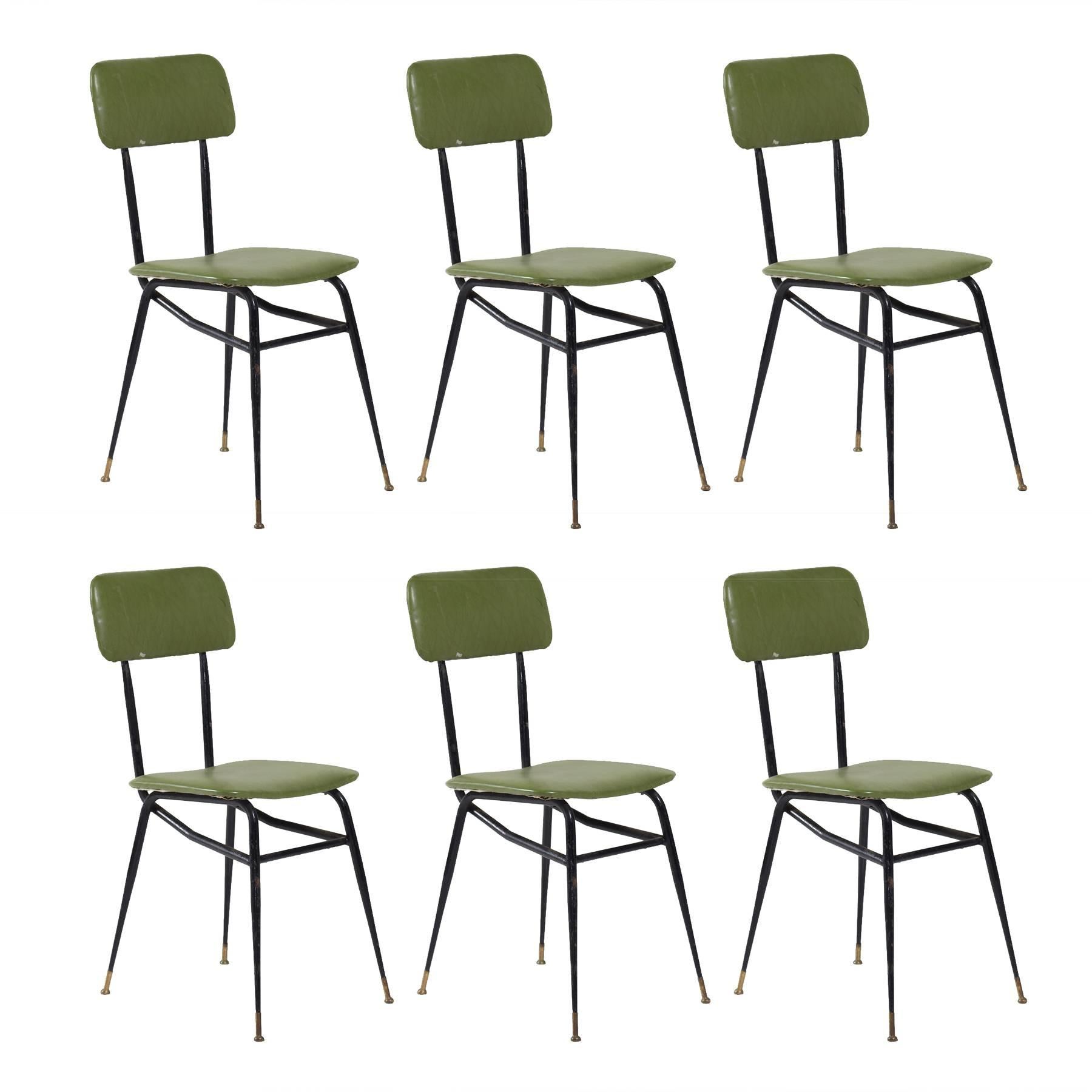 Set of Six Black Metal and Lime Green Vinyl Dining Chairs, circa 1950