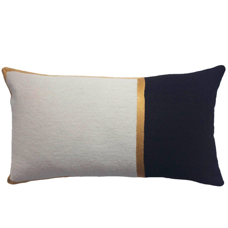 Modern Nicole Ivory/Ebony Hand Embroidered Wool and Metallic Throw Pillow Cover For Sale at 1stdibs
