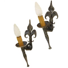 Pair of Arts & Crafts Wall Lights Gothic Rev Iron Torchere French Fleur-de-Lys