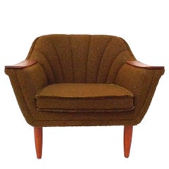 Vintage Norwegian Brown Gold Wool and Teak Armchair, Midcentury Chair, 1960s