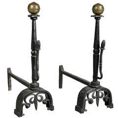 Pair of Wrought Iron and Brass Andirons Attributed to Samuel Yellin