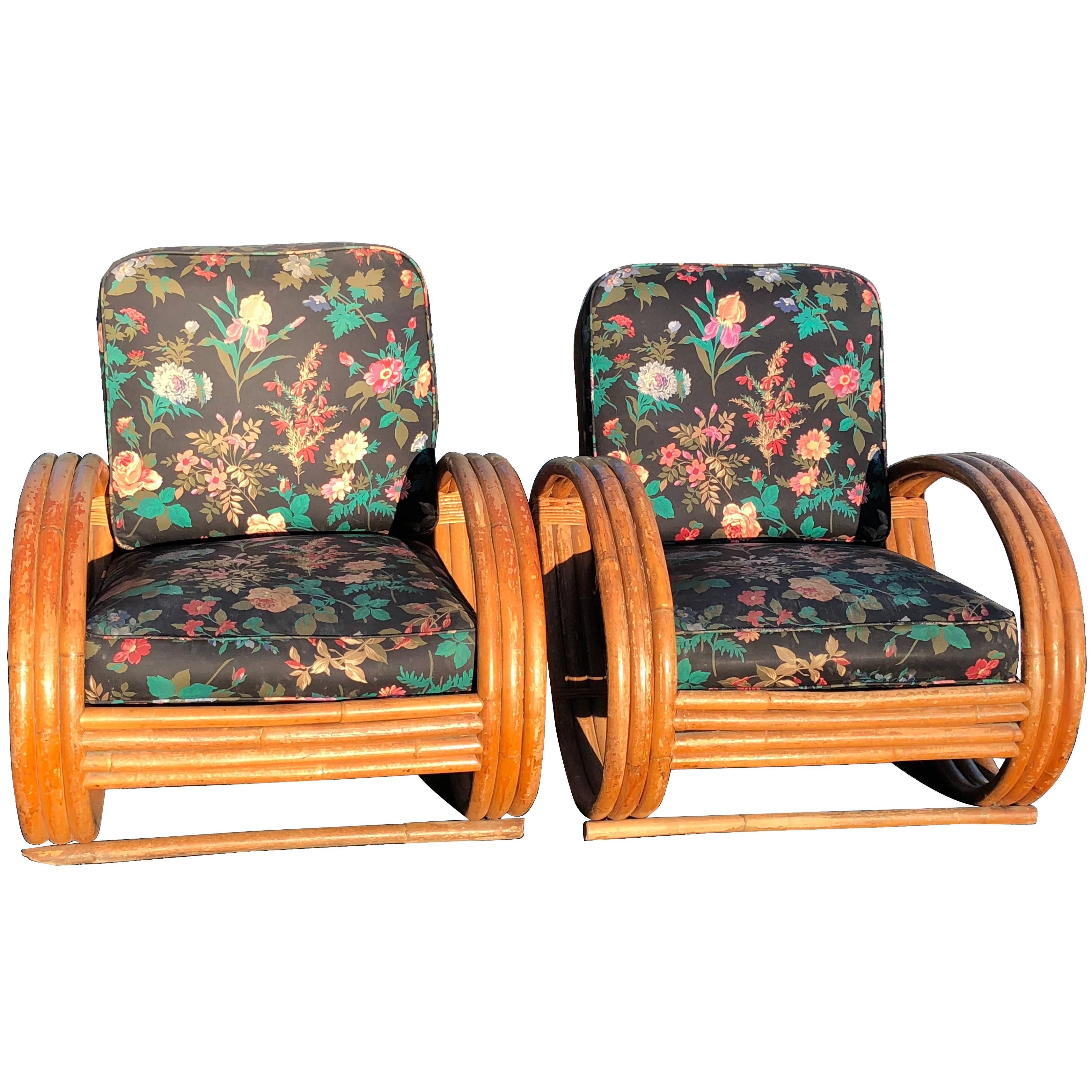 Pair of Rattan Lounge Chairs in the Style of Paul Frankl