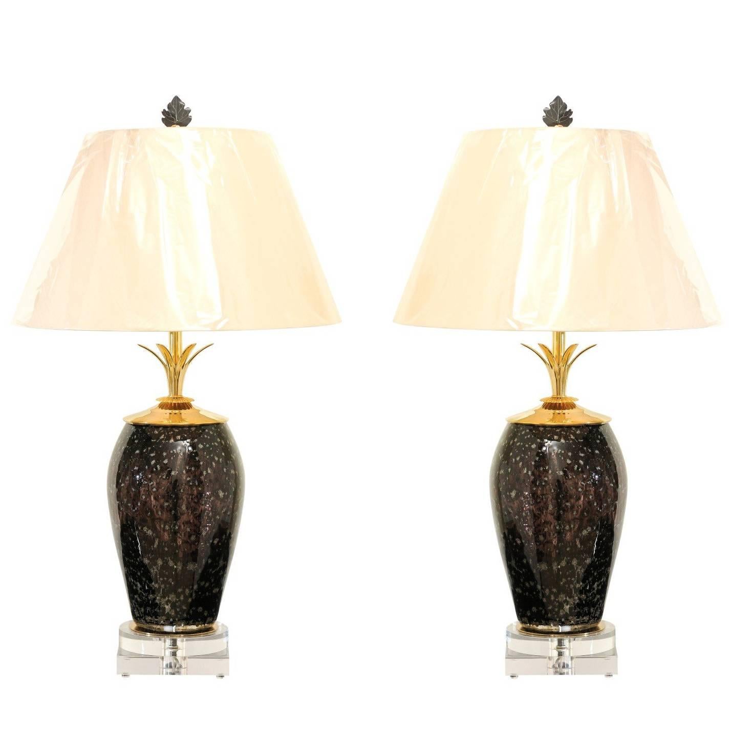 Exceptional Pair of Italian Granite Style Blown Glass Vases as Custom Lamps For Sale