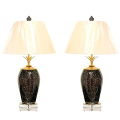 Vintage Exceptional Pair of Italian Granite Style Blown Glass Vases as Custom Lamps