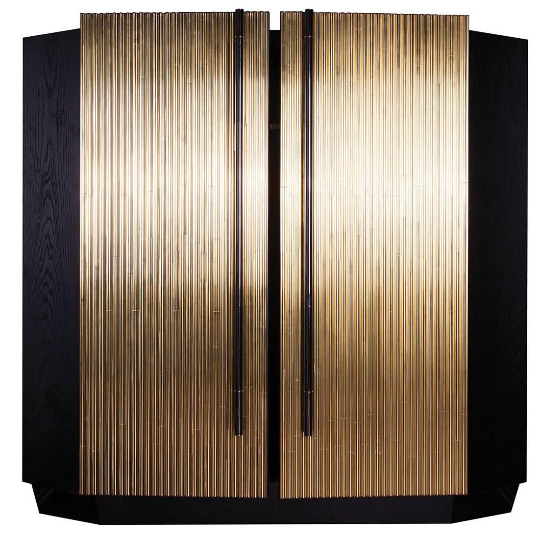 Black Chrome and Wood Trabo Cabinet with Hand-Polished Brass Details