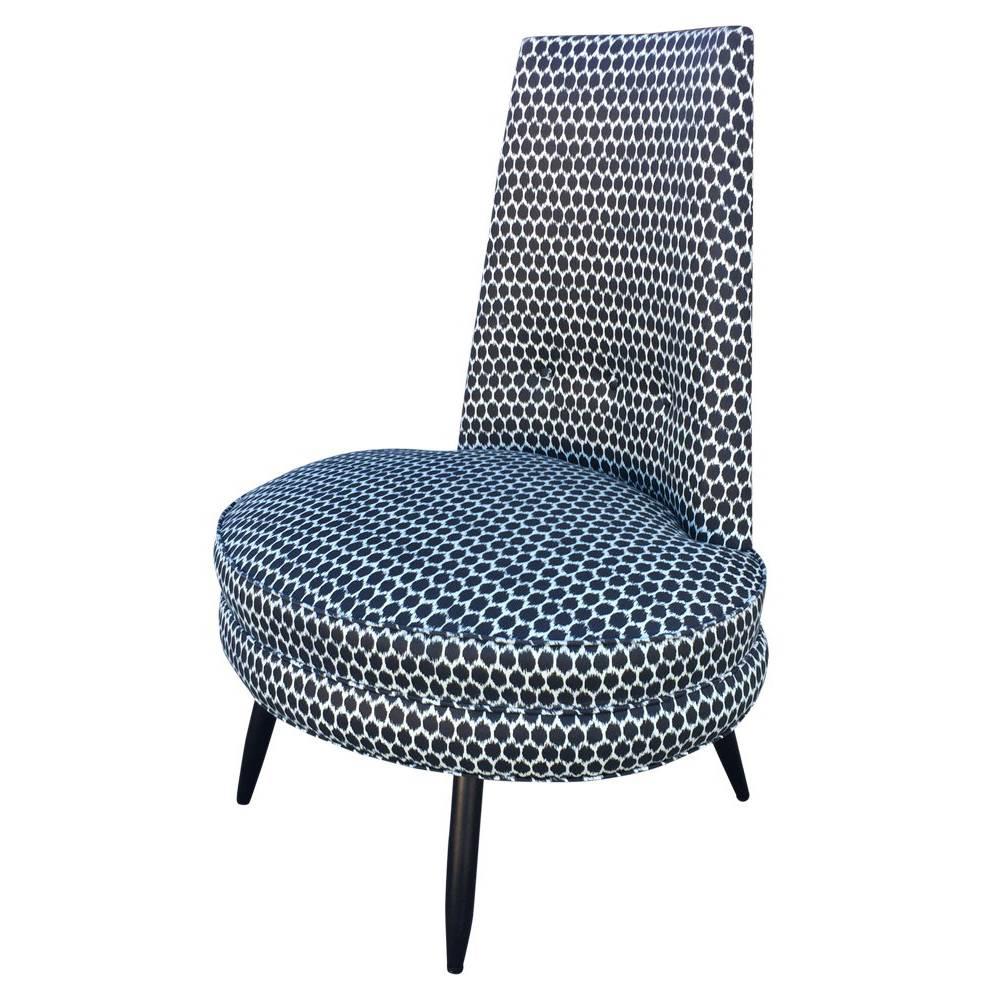 Charcoal Grey and White Ikat Polka Dot Mid-Century Modern High Back Chair