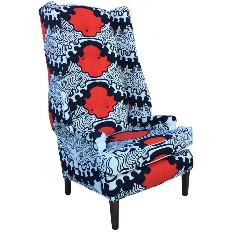 Wingback Chair in Vintage Mid-Century Modern Red White Blue Scandinavian Fabric