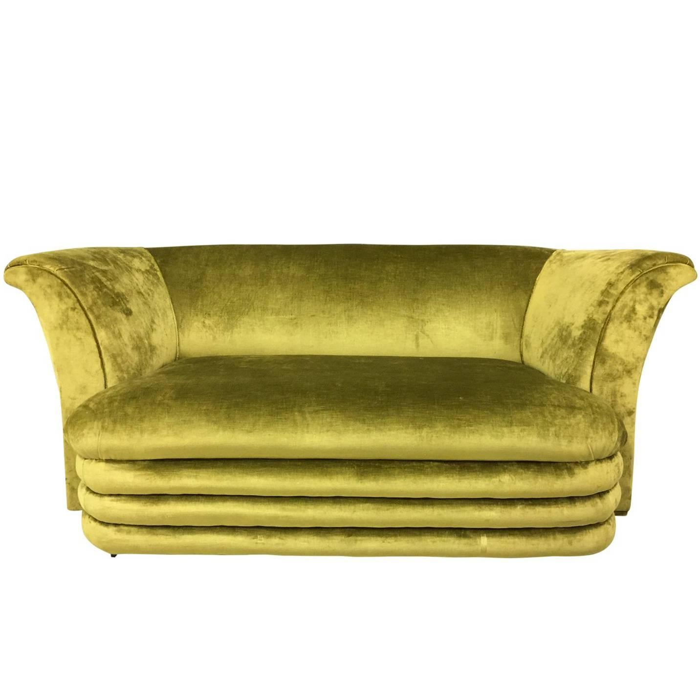 Mid-Century Modern Art Deco Inspired Chartreuse Velvet Sofa and Loveseat
