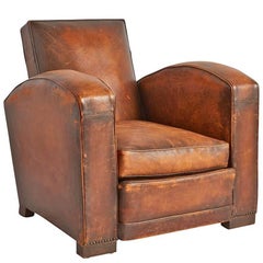 French Bow Arm Leather Club Chair, circa 1930s