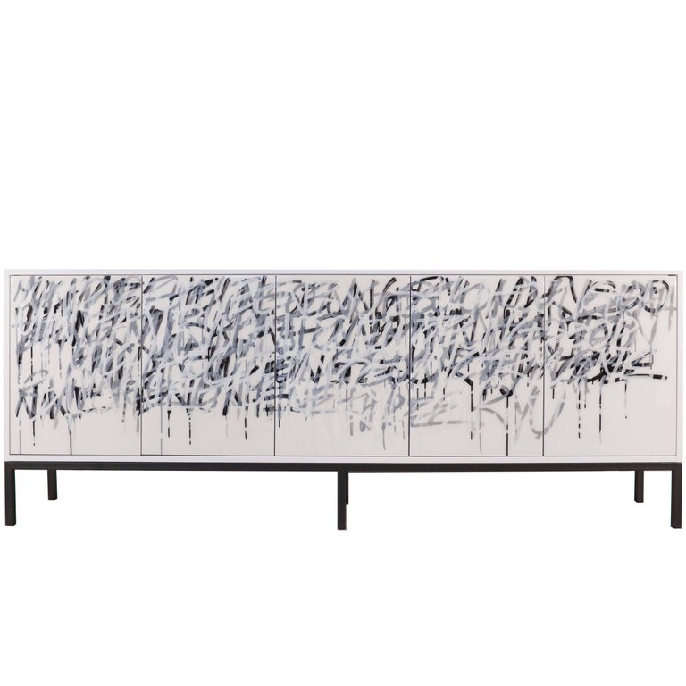 White Graffiti Art Door Cabinet Custom Sideboard By Morgan Clayhall