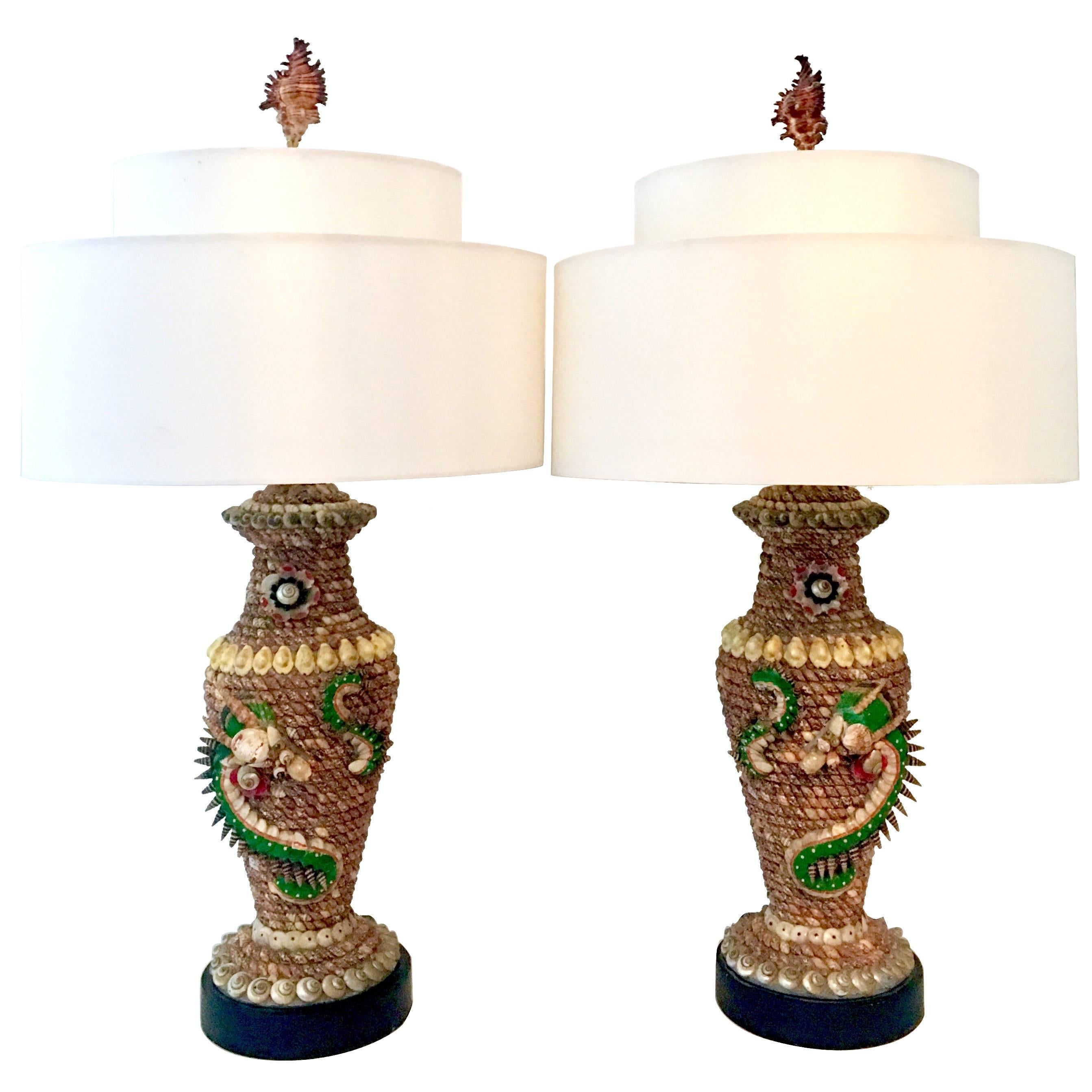 Mid-20th Century Pair Of Tony Duquette Style Seashell Dragon Motif Table Lamps