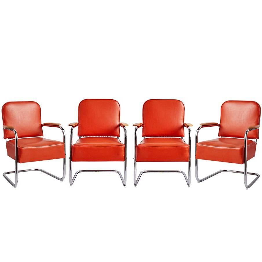 Set of Four Lloyd Co. Lounge Chairs with Maple Armrests, circa 1930 For Sale