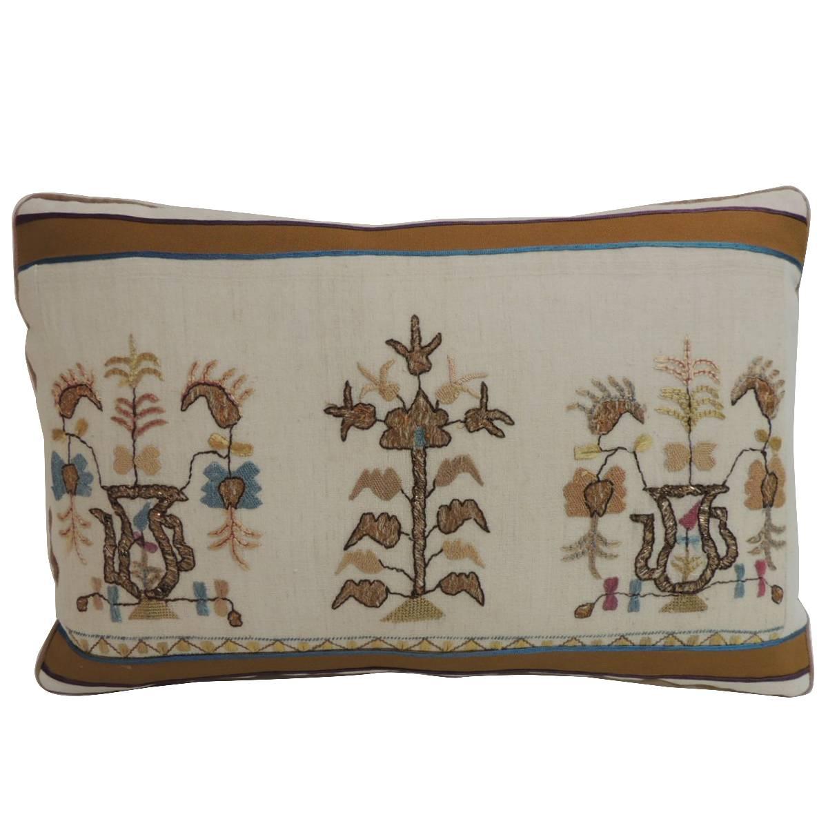 19th Century Turkish Floral Embroidery Decorative Lumbar Pillow