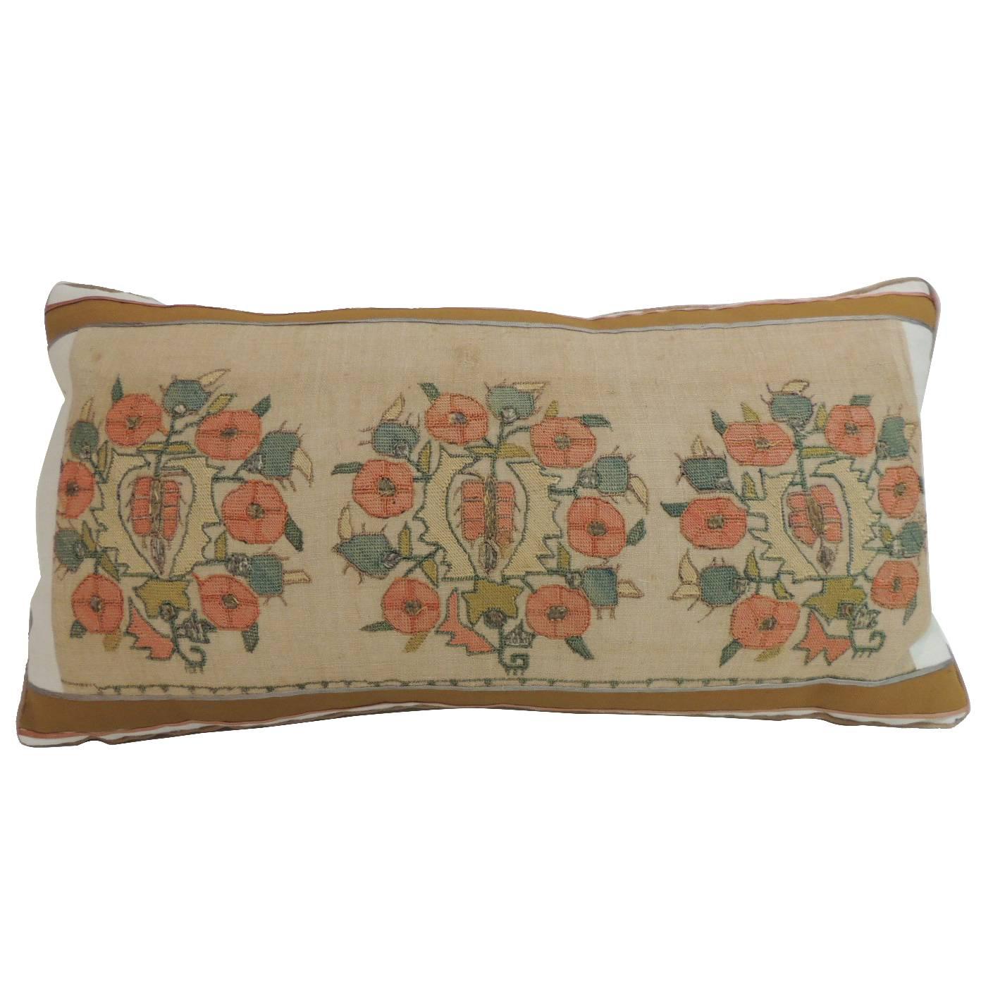 19th C. Turkish Orange and Green Floral Embroidery Decorative Bolster Pillow