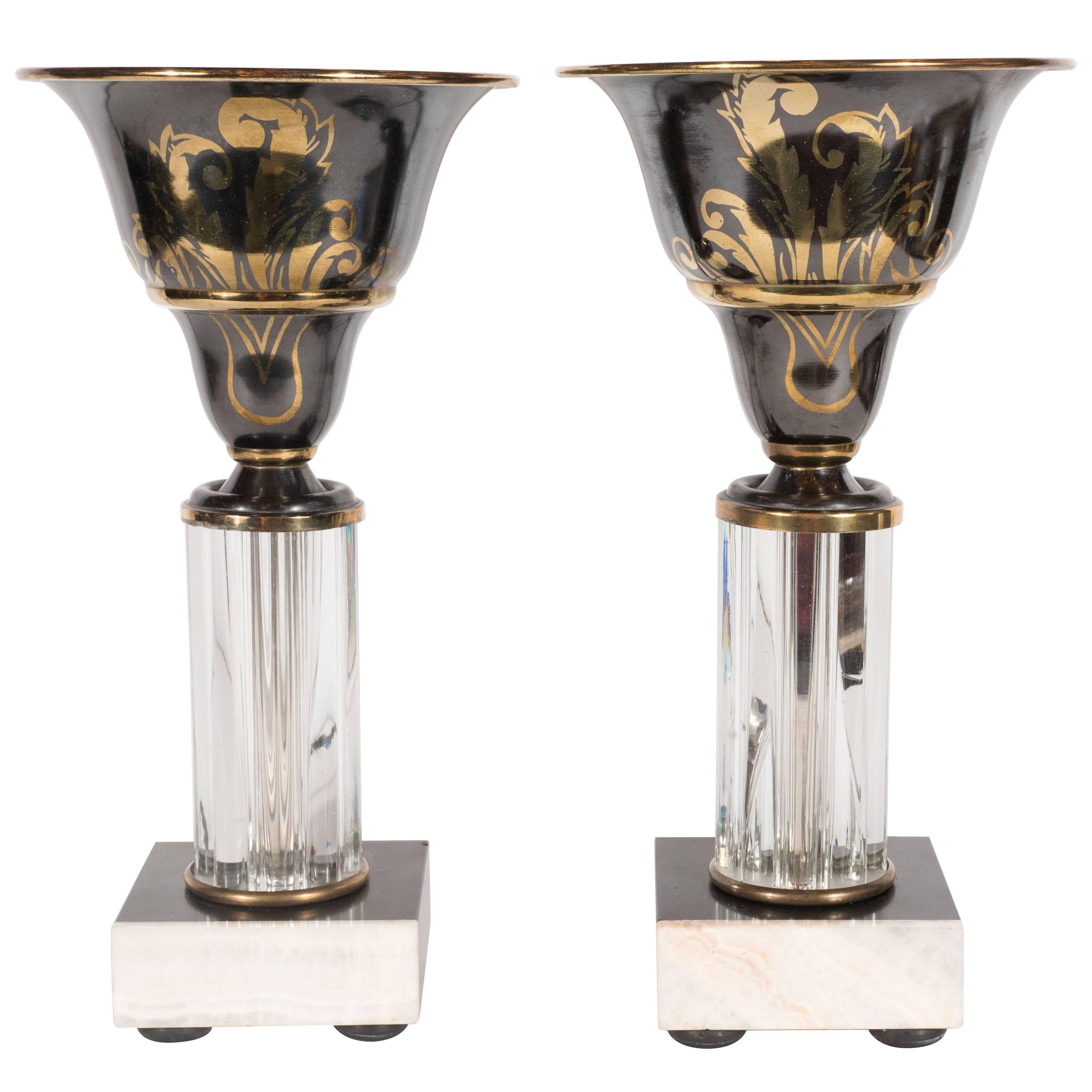 Pair of Art Deco Onyx, Marble, Bronze and Glass Uplights with Gilded Accents