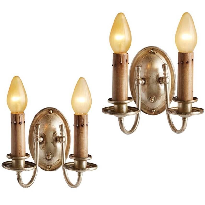 Pair of Colonial Revival Candle Sconce w/ Silver Plated Finish, circa 1920s For Sale