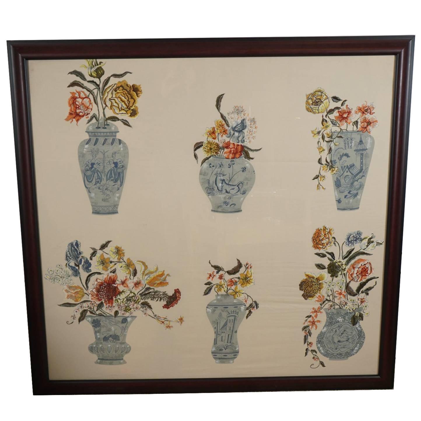 Fabric Panel of Vases and Flowers For Sale