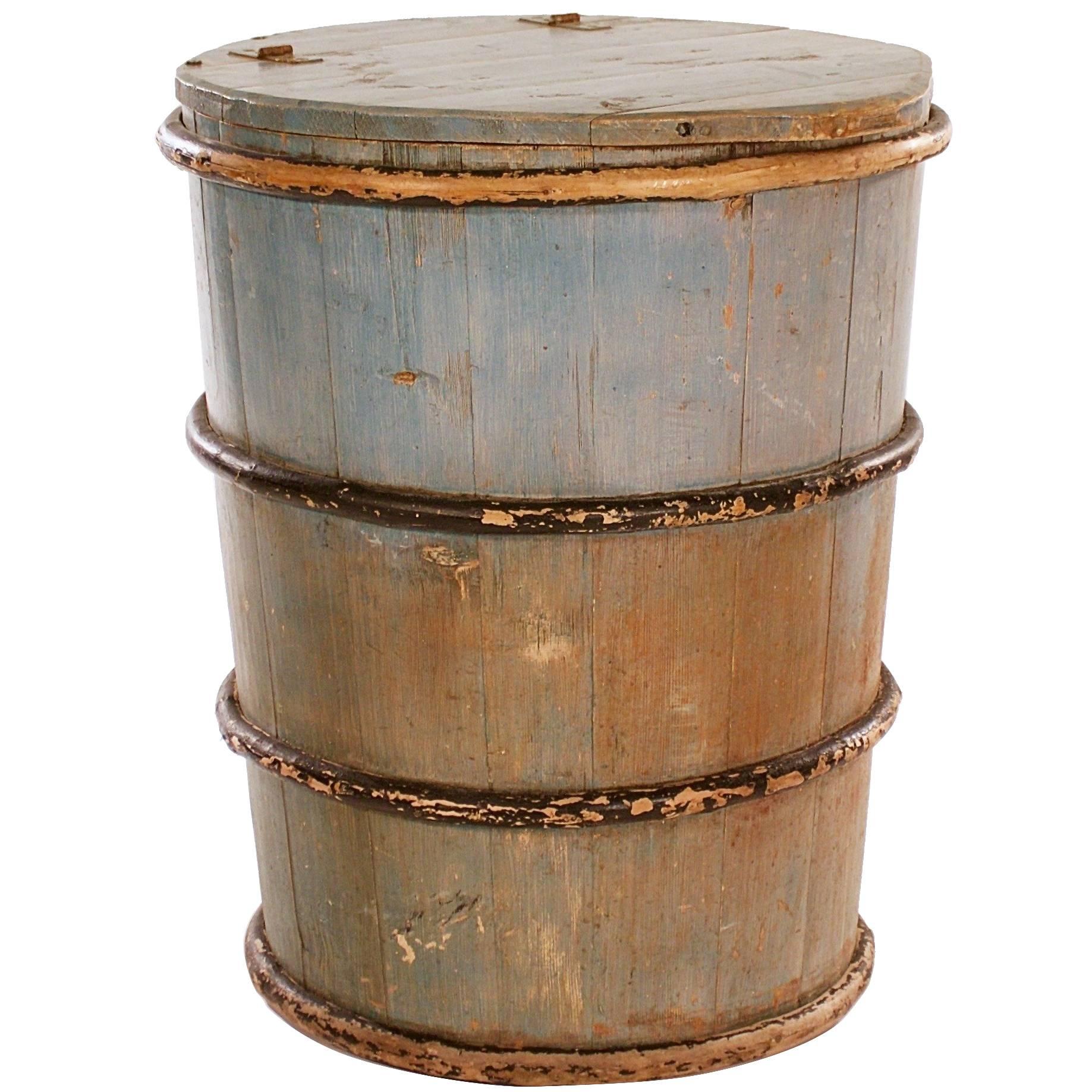 Cylindrical Pine Folk Art Barrel with Original Blue Paint