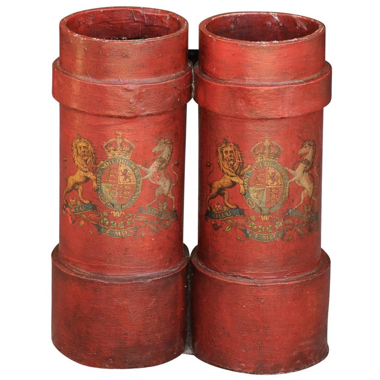 English 1940 Red Painted Double Umbrella Stand with Royal Motto and