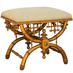 Brighton Pavilion Style Chinoiserie Stool with Gilt Faux-Bamboo X-Frame Base