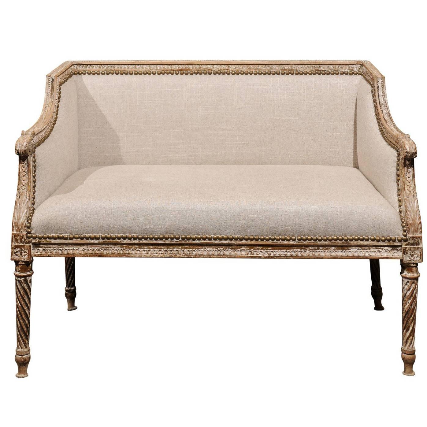Petite 1820-1840 French Louis XVI Style Upholstered Bench with Distressed Finish