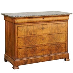 1850 French Louis-Philippe Commode with Bookmatched Walnut Veneer and Marble Top