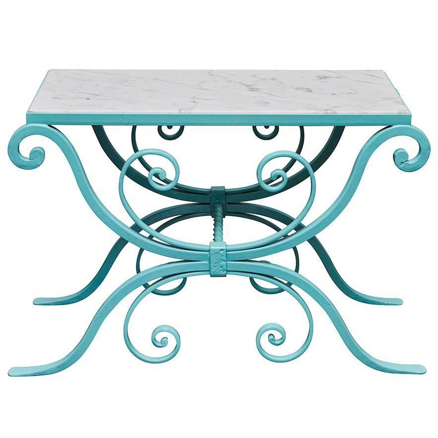Small Powder coated Wrought Iron Table with Marble Top For Sale