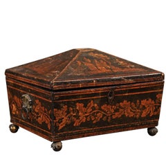 19th Century English Regency Penwork Box with Foliate Decoration and Acorn Feet