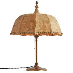 Antique Cast Brass Lamp with Rare Intact Umbrella Shade, circa 1910