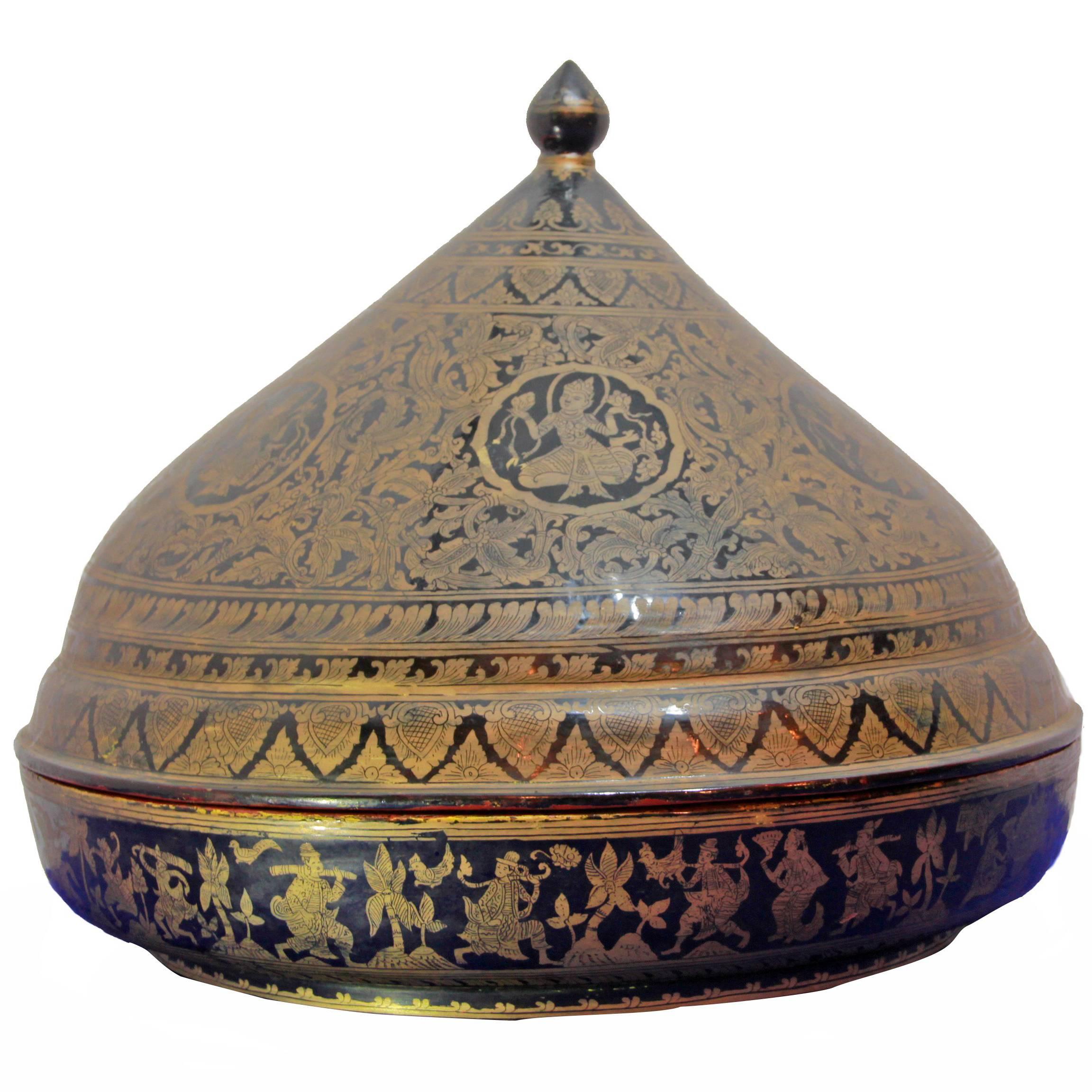 Burmese Black Gilded “Shwei-Zawa” Lidded Lacquered Bowl For Sale