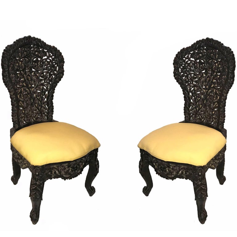 Early 20th Century Hand-Carved Wood Chairs from India