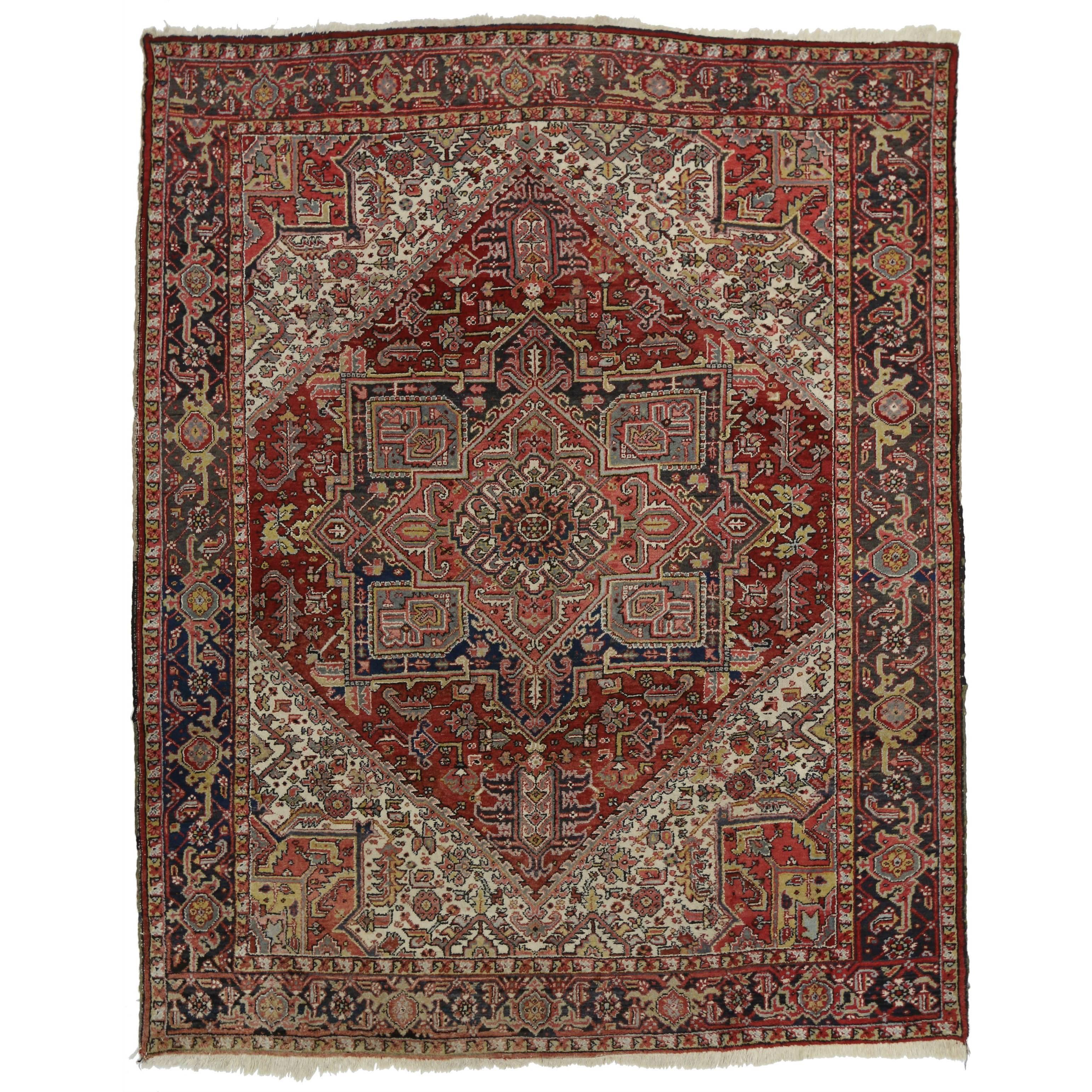 Vintage Persian Heriz Rug with Mid-Century Modern Style For Sale