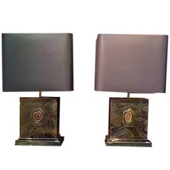 George Mathias Pair of Squared Brass and Agate Table Lamps