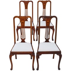 Antique Set of Four Inlaid Red Walnut High Back Dining Chairs, circa 1910