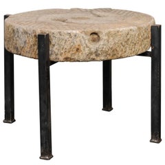 19th Century European Millstone Grinding Surface Made Drink Table on Iron Base