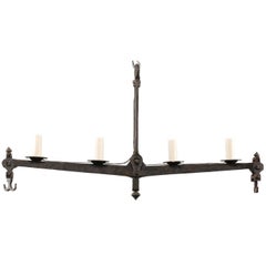 Vintage Mid-20th Century French Wrought Iron Scale Chandelier with Wide Linear Shape