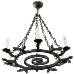 French Forged Iron Spiral Six-Light Circular Chandelier from the 1950s