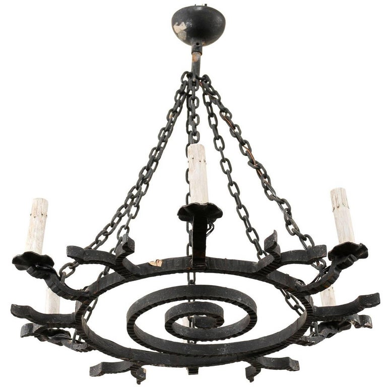 French Forged Iron Spiral Six Light Circular Chandelier From The 1950s For Sale At 1stdibs
