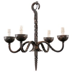 French Vintage Wrought Iron Four-Light Chandelier with Twisted Central Column